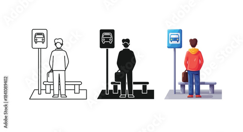 Man waiting for bus at bus stop in three different styles outline, silhouette and colorful illustration