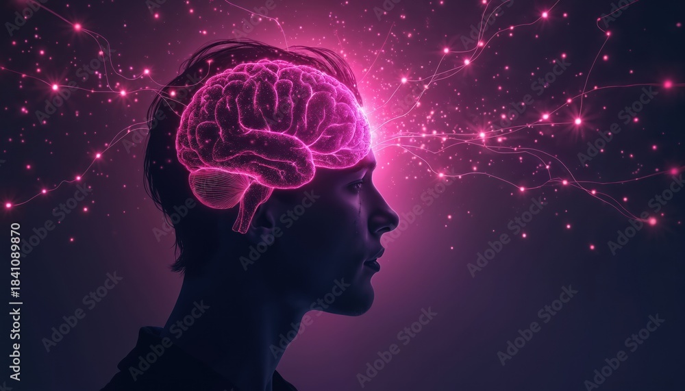 Obraz premium Profile silhouette reveals glowing brain with neural connections. Pink light pulses with data streams, signifying thought, ideas, and mental health awareness. Copy space for important messages.