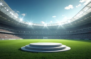 Concrete circular podium stands on lush green football field inside bright stadium. Empty arena ready for sports awards ceremony. Soccer game victory celebration platform.
