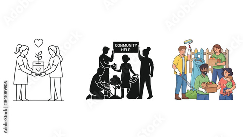 Set of three illustrations representing community help, volunteering and social contribution activities in outline and silhouette styles
