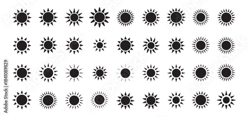 Sun icon set vector flat black, line art, and silhouette style for astrology and weather applications