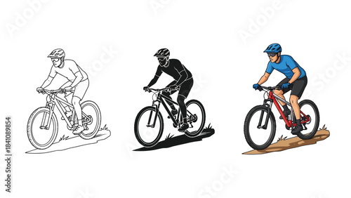 Set of three illustrations of a mountain biker riding downhill, showing outline, silhouette and full color versions