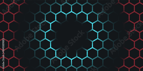 Dark red and blue hexagon abstract technology background with red and blue colored bright flashes under hexagon. Hexagonal gaming vector abstract tech background.