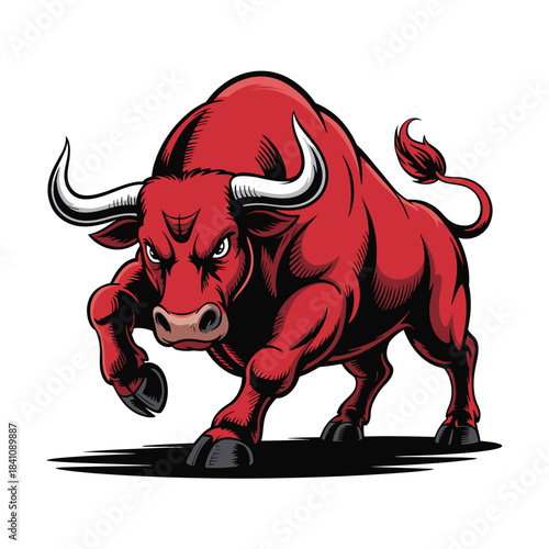 Hand drawn illustration of big angry muscle bull attacking
