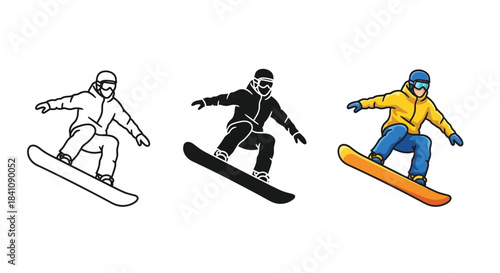 Three styles of a snowboarder in action outline, silhouette and full color illustration