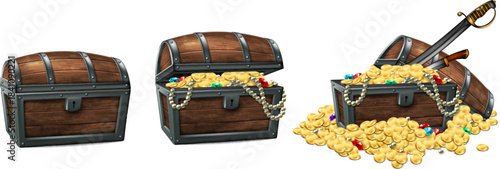 A set of three antique wooden chests. One is closed, the second is filled with gold coins, and the third is filled with treasure and weapons. Realistic illustration.