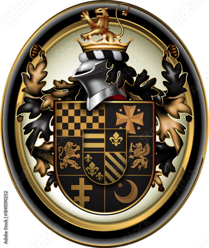 Heraldic shield decorated with a crown and helmet, richly ornamented, on a white background. High detailed realistic illustration