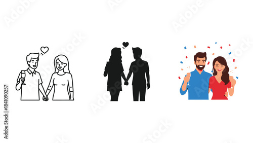 Couple holding hands celebrating with champagne and confetti romantic relationship vector icons and silhouette