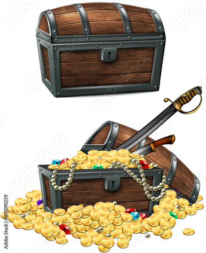 Two wooden antique chest , one of them  full of gold coins, jewelry, weapon. Realistic illustration.