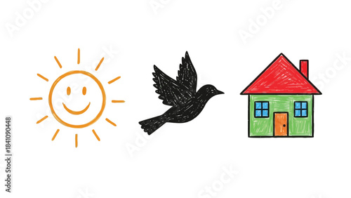 Simple drawing of a smiling sun, a flying black bird and a colorful house a