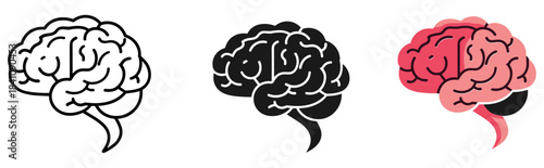 Human brain icon set in outline, silhouette, and colored styles, black and white and pink illustration