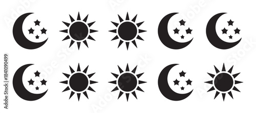 Sun and moon with stars icons set. celestial bodies symbols. crescent moon and sun graphic elements