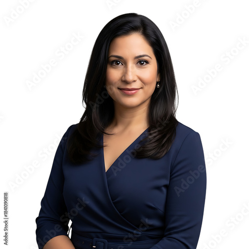 Professional woman smiling confidently in a navy blue dress, headshot