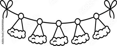 Cute hanging Santa Claus hat garland banner, Christmas decoration string light border, winter holidays outline vector