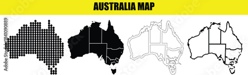 Set of four australia map icons, including dotted, solid black silhouette, outline with internal lines, and outline with state borders