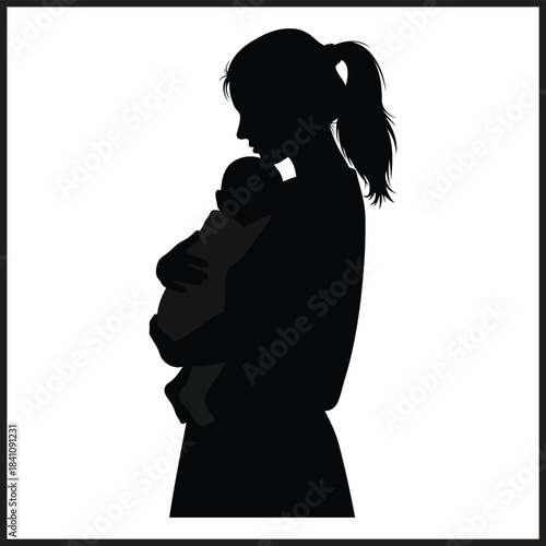 Silhouette of a mother holding her baby with love and tenderness on a white background child