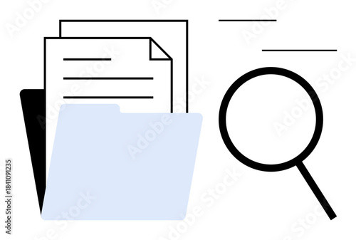 Folder containing papers and a magnifying glass highlighting data research. Ideal for archive organization, document search, file storage, workflow management, education, business, and investigation