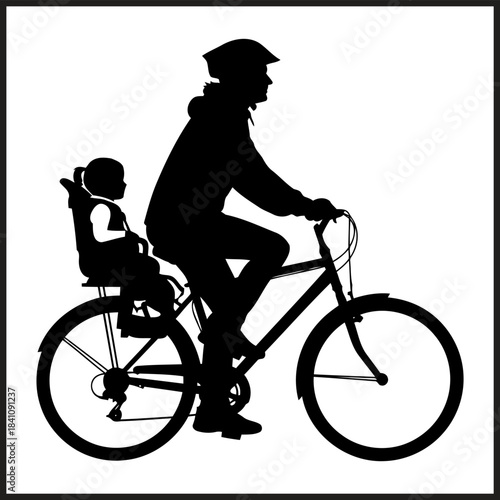 Konstfotografi Silhouette of a person riding a bicycle with a child in a seat vector illustrati