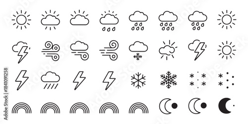 Weather icon set. sun cloud rain wind snow lightning rainbow moon vector symbols for web and mobile design