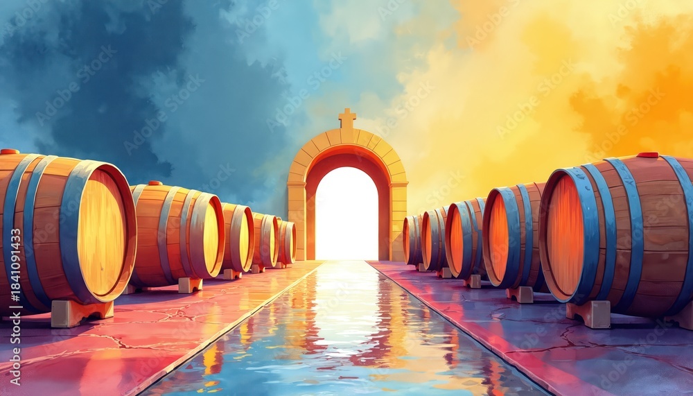 Obraz premium Wine barrels line pathway leading to arched doorway. Illustration depicts traditional winery cellar with warm colors, reflective floor. This image suggests aging, craft, tradition in winemaking.