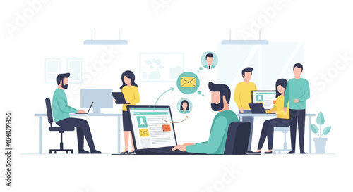 Illustration of diverse business people working in a modern openplan office, with a man using a laptop and communication icons