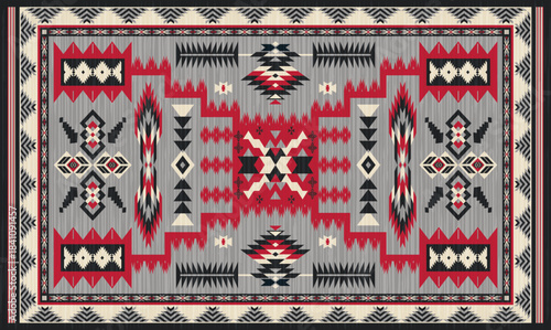 Navajo storm pattern rug style vector.Sacred mountain symbolism with central rectangular motif connecting four corners.Representing weather,lightning.Carpet southwestern tribal geometric illustration.