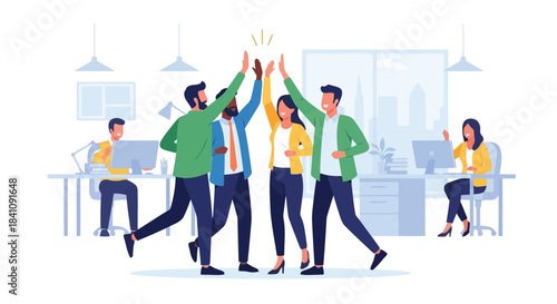 Illustration of diverse business team celebrating success with a highfive in a modern office, showcasing collaboration, achievement, and unity