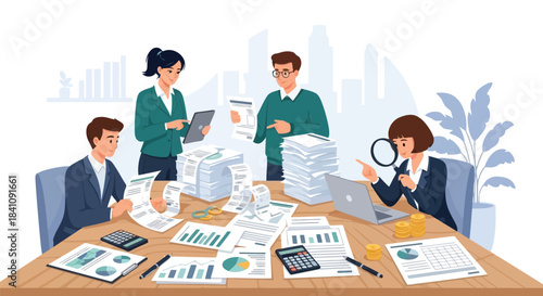 Illustration of group of accountants and financial professionals analyzing documents, reports, and data with calculators and laptops on a desk