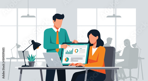 Illustration of business colleagues collaborating on a project, analyzing data and financial reports on a laptop in a modern office environment, discussing strategy