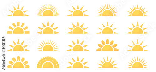 Sunrise sun flat vector icon set. yellow sun simple symbol collection. morning sun concept illustration