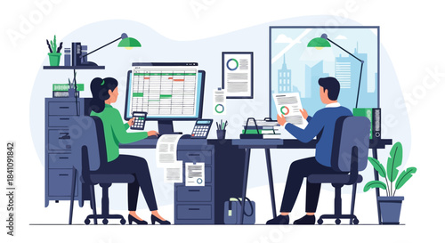 Illustration of two business professionals collaborating and analyzing data in a modern office workspace, focusing on financial reports and spreadsheets