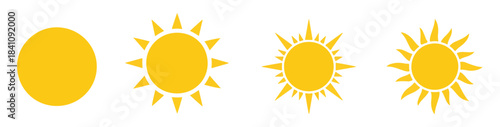 Set of four simple sun vector icons illustrating summer, warmth, sunny weather, and light over white background