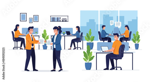 Illustration of busy openplan office environment with diverse employees collaborating and working at their desks, fostering teamwork and productivity