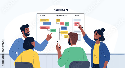 Illustration of diverse team collaborating on a kanban board, managing tasks and project workflow in an agile business environment, demonstrating teamwork