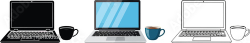 Collection of three laptop and coffee cup icons presented in silhouette flat color and outline styles for versatile design use