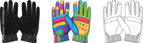 Collection of winter gloves shown in three distinct styles including full color silhouette and outline vector art icons for design