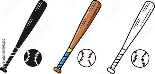 Collection of three distinct baseball bat and ball icon styles including solid silhouette color and outline versions