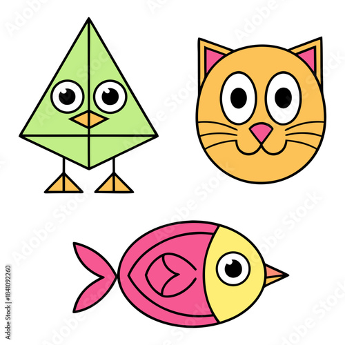 A set of funny cartoon animal vector icons, featuring cute cat and fish faces with happy smiles and star-filled eyes, designed for summer fun