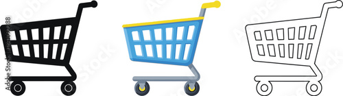 Collection of three distinct shopping cart icons featuring a solid black silhouette a colorful blue illustration and a simple outline design