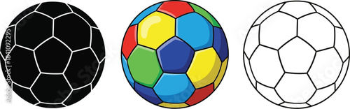 Collection of three distinct soccer ball graphics showing black silhouette colored version and outline drawing styles