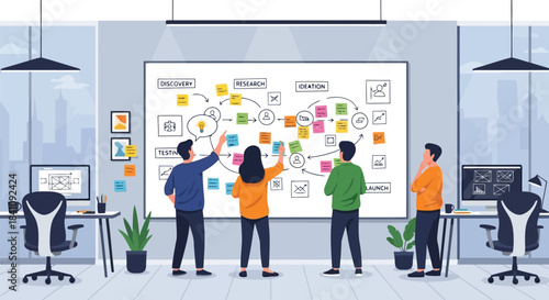 Illustration of business team brainstorming and mapping out a complex project workflow with sticky notes on a large whiteboard in an office
