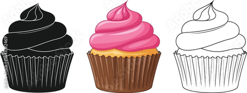Collection of three distinct cupcake icons featuring a full color version a black silhouette and a simple outline drawing