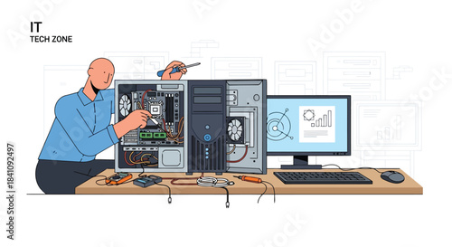 Illustration of it technician repairing and assembling a desktop computer hardware, performing maintenance and service, isolated on