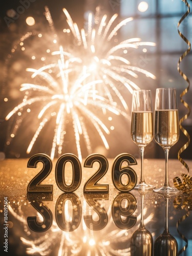 Two champagne glasses and 2026 numbers with fireworks
