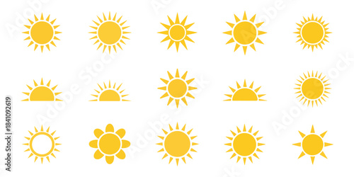 Sun icon set vector illustration summer light nature bright yellow warm weather season day sunrise sunset symbol