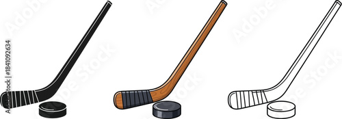 Hockey stick vector set with colored black and outline sports equipment illustration