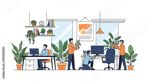 Illustration of office workers arranging and caring for plants in a modern, green workspace, promoting a healthy and ecofriendly environment isolated on