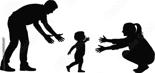 Family silhouette of baby toddler taking first steps between parents, childhood, love, growth, parenthood vector
