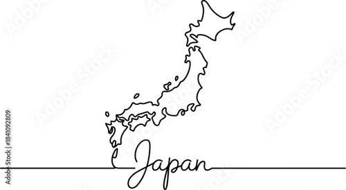Outline map of Japan with cursive text country geography