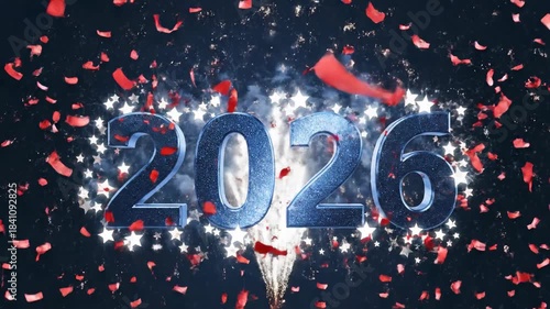Fireworks display with year 2026 and falling confetti on black background